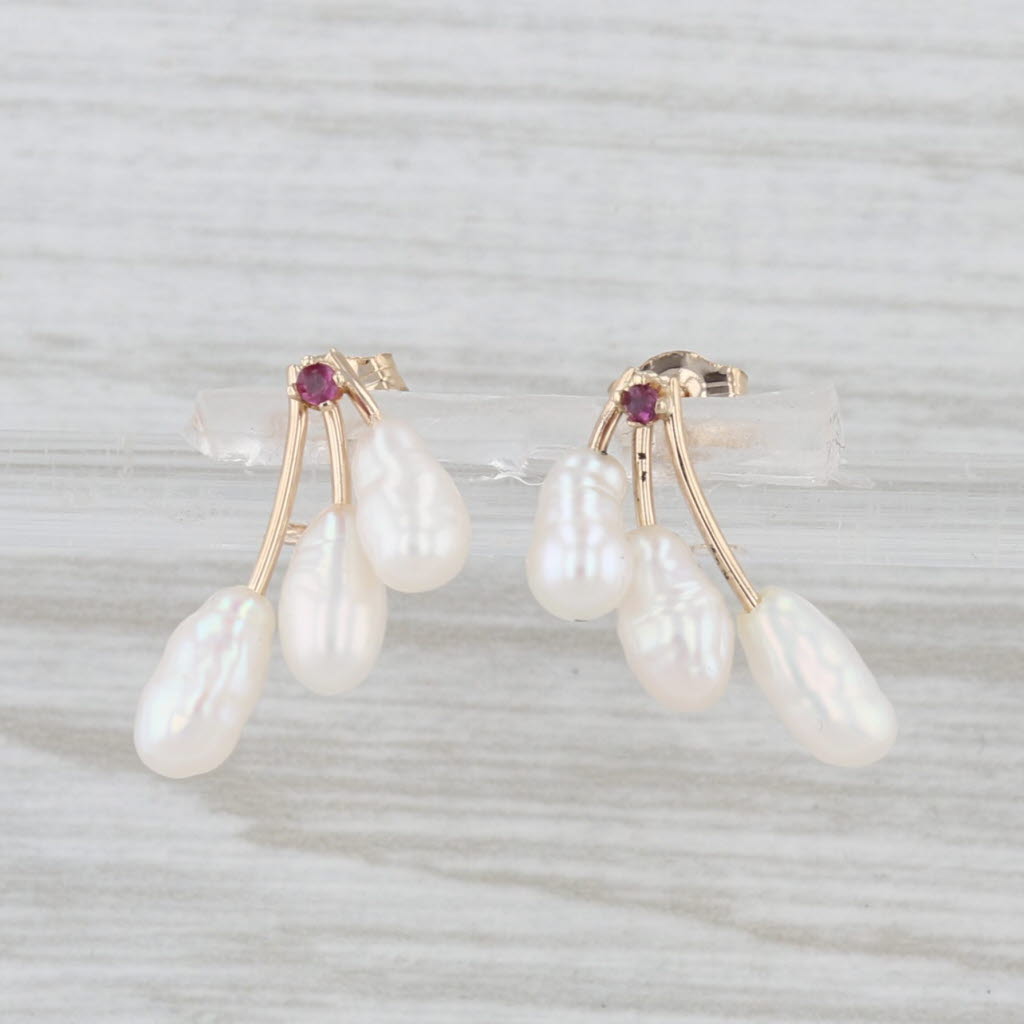 Freshwater Cultured Pearl Spray Ruby Earrings 14k Yellow Gold