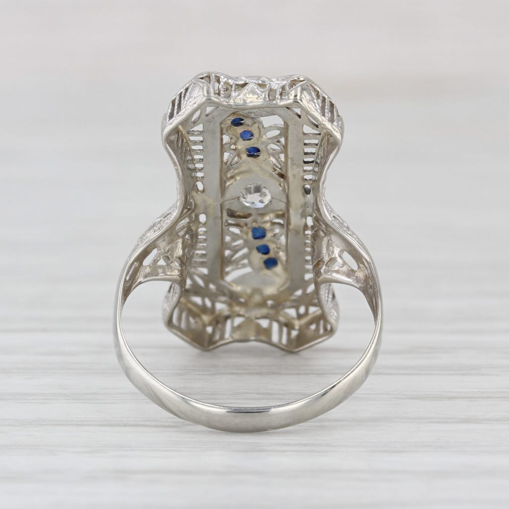 Art Deco Diamond Lab Created Sapphire Filigree Ring 18k White Gold Size 5.75