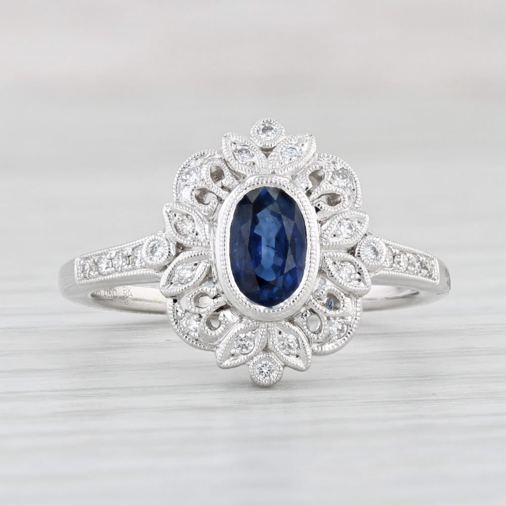 Light Gray New Beverley K 0.91ctw Blue Sapphire Diamond Halo Ring Size 6.75 14k White Gold