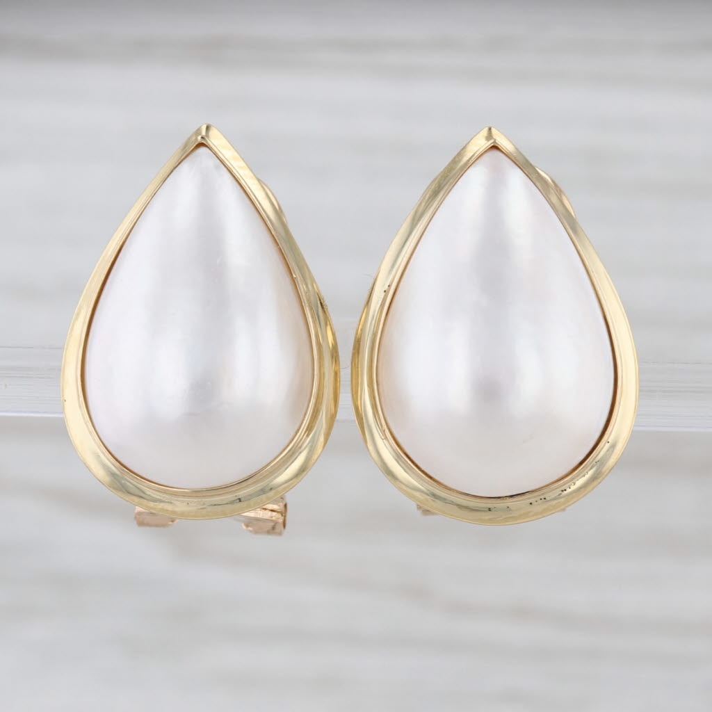 Mabe Pearl Pear Cabochon Teardrop Earring 18k Yellow Gold Omega Backs