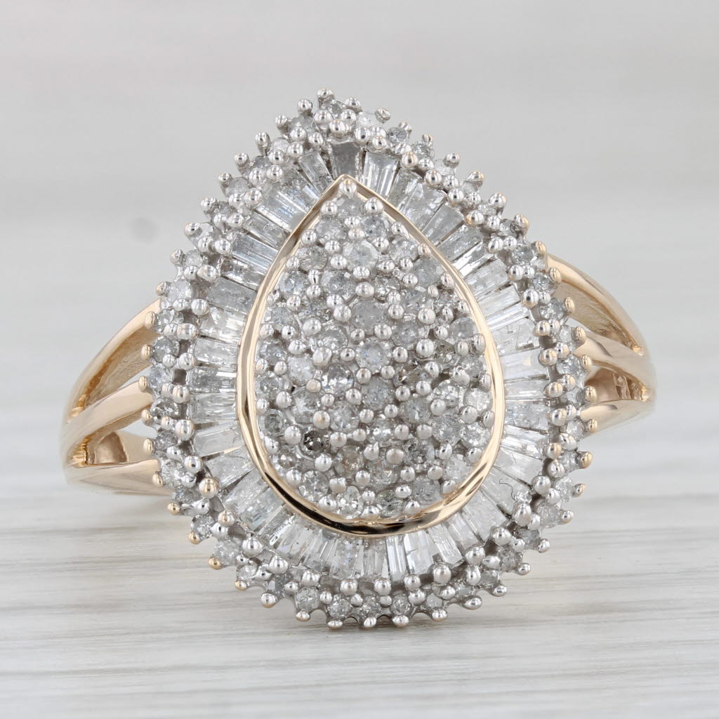 Gray Diamond Cluster Teardrop Ring 10k Yellow Gold Size 9.75