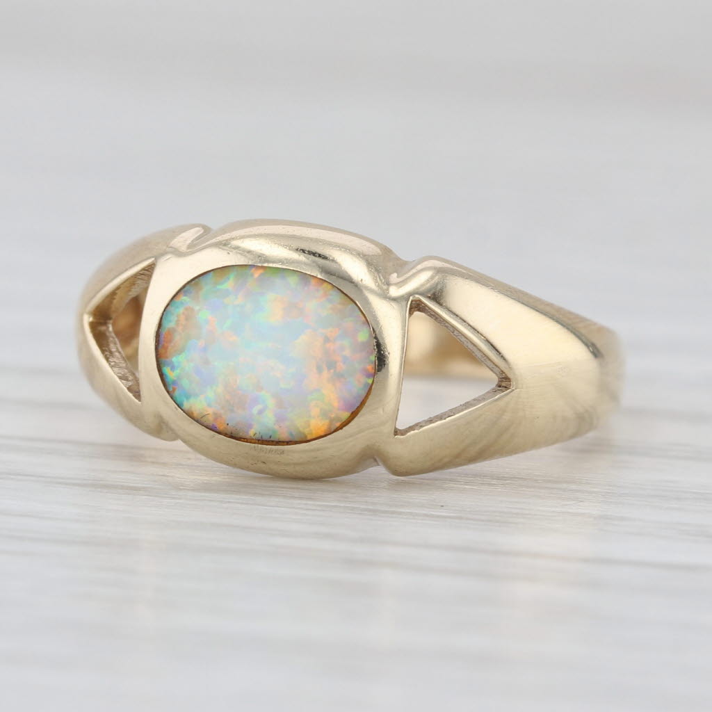 Lab Created Opal Cabochon Solitaire Ring 10k Yellow Gold Size 7.5