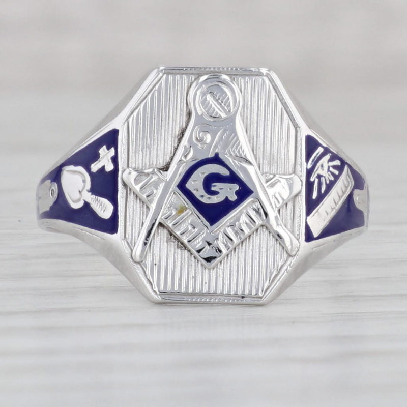 Light Gray Vintage Masonic Blue Lodge Signet Ring 10k Gold Enamel Square Compass Size 10