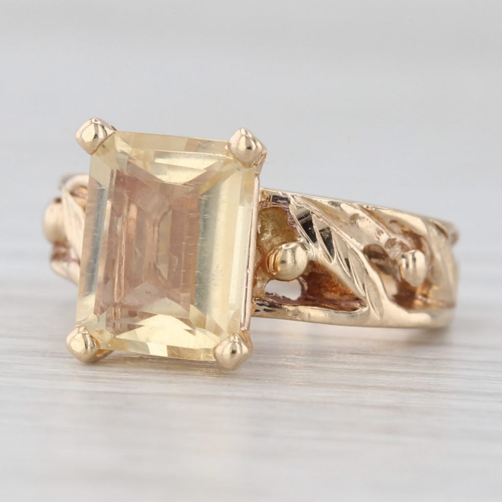 Light Gray 0.70ct Emerald Cut Citrine Solitaire Ring 14k Yellow Gold Floral Band Size 3