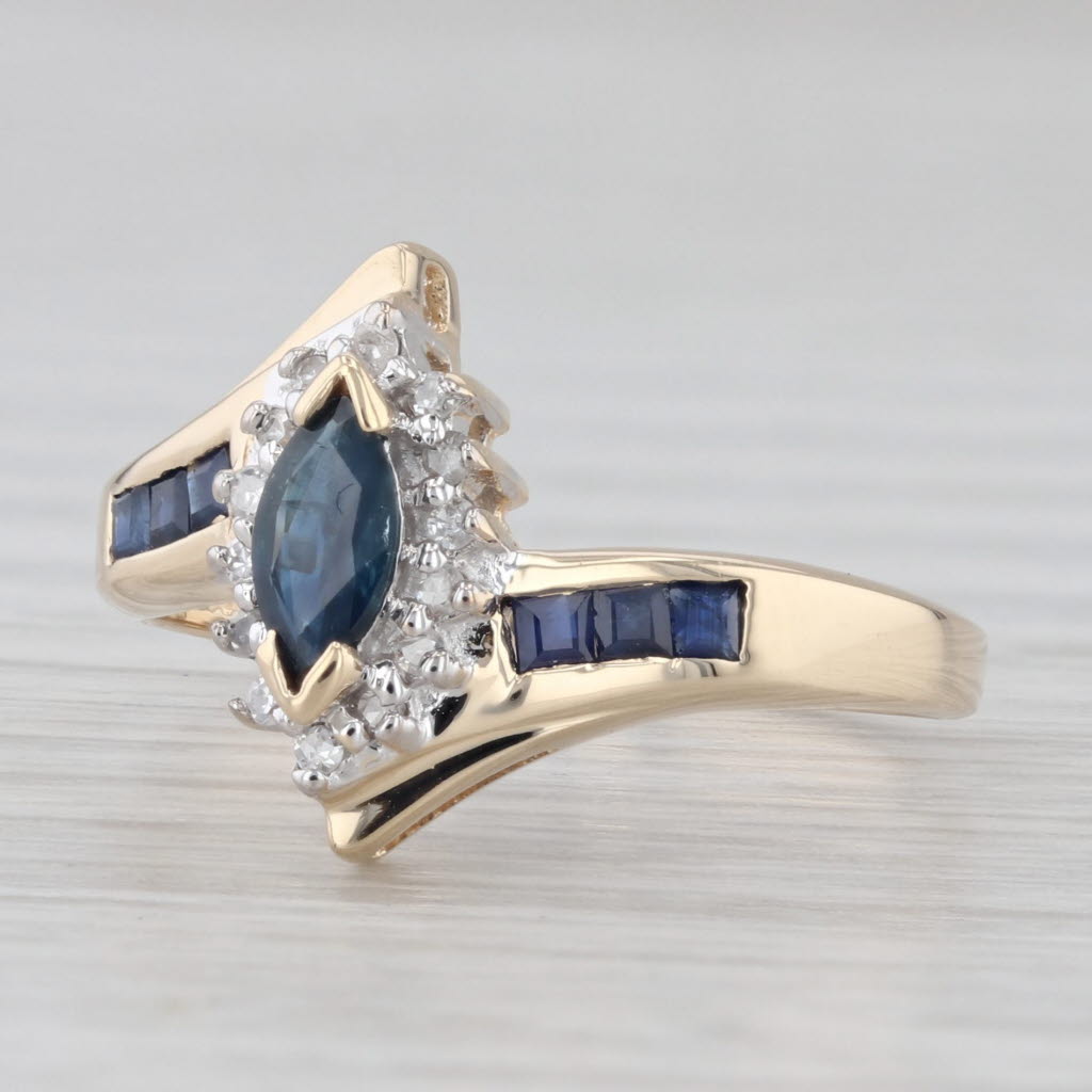 Light Gray 0.58ctw Marquise Blue Sapphire Diamond Bypass Ring 14k Yellow Gold Size 6