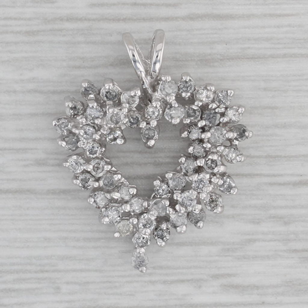 Gray 0.85ctw Diamond Cluster Open Heart Pendant 10k White Gold