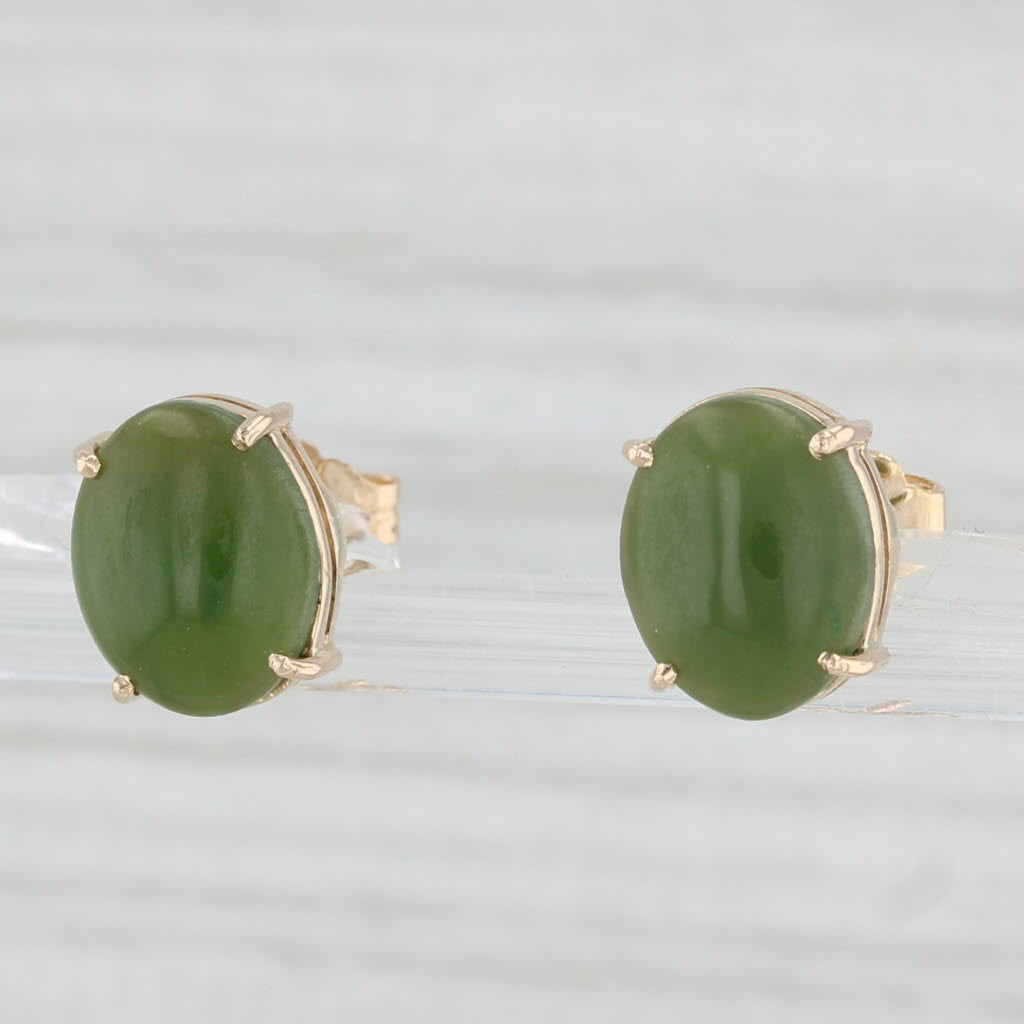 Light Gray Green Nephrite Jade Oval Solitaire Stud Earrings 14k Yellow Gold