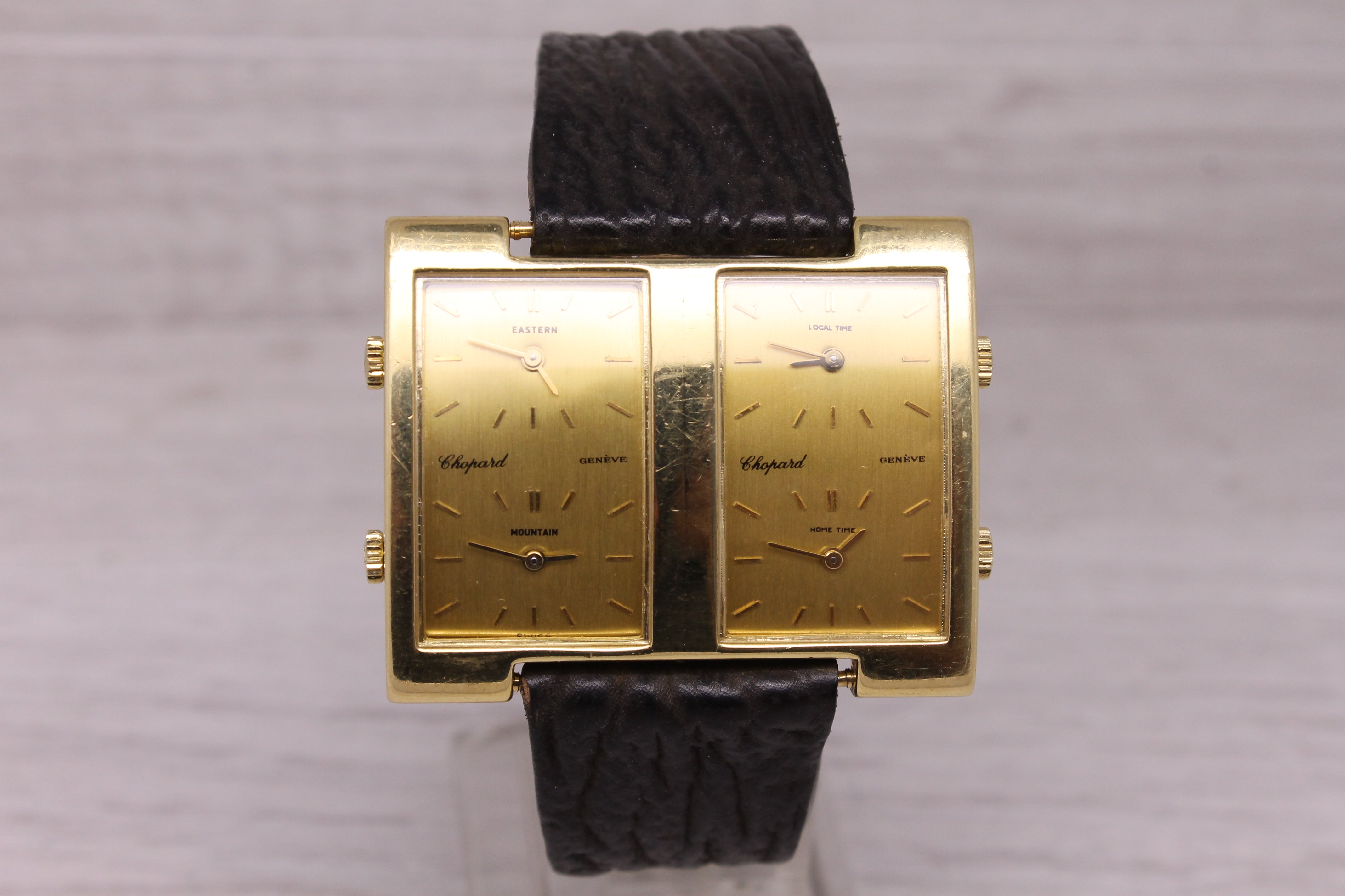 Vintage 1970s Chopard 4 Time Zone 18k Yellow Gold Mens Watch w Cartier Deployant