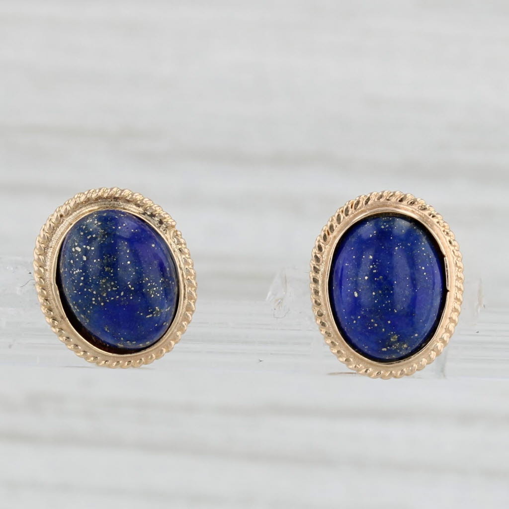 Light Gray Lapis Lazuli Stud Earrings 14k Yellow Gold Oval Cabochon Solitaires