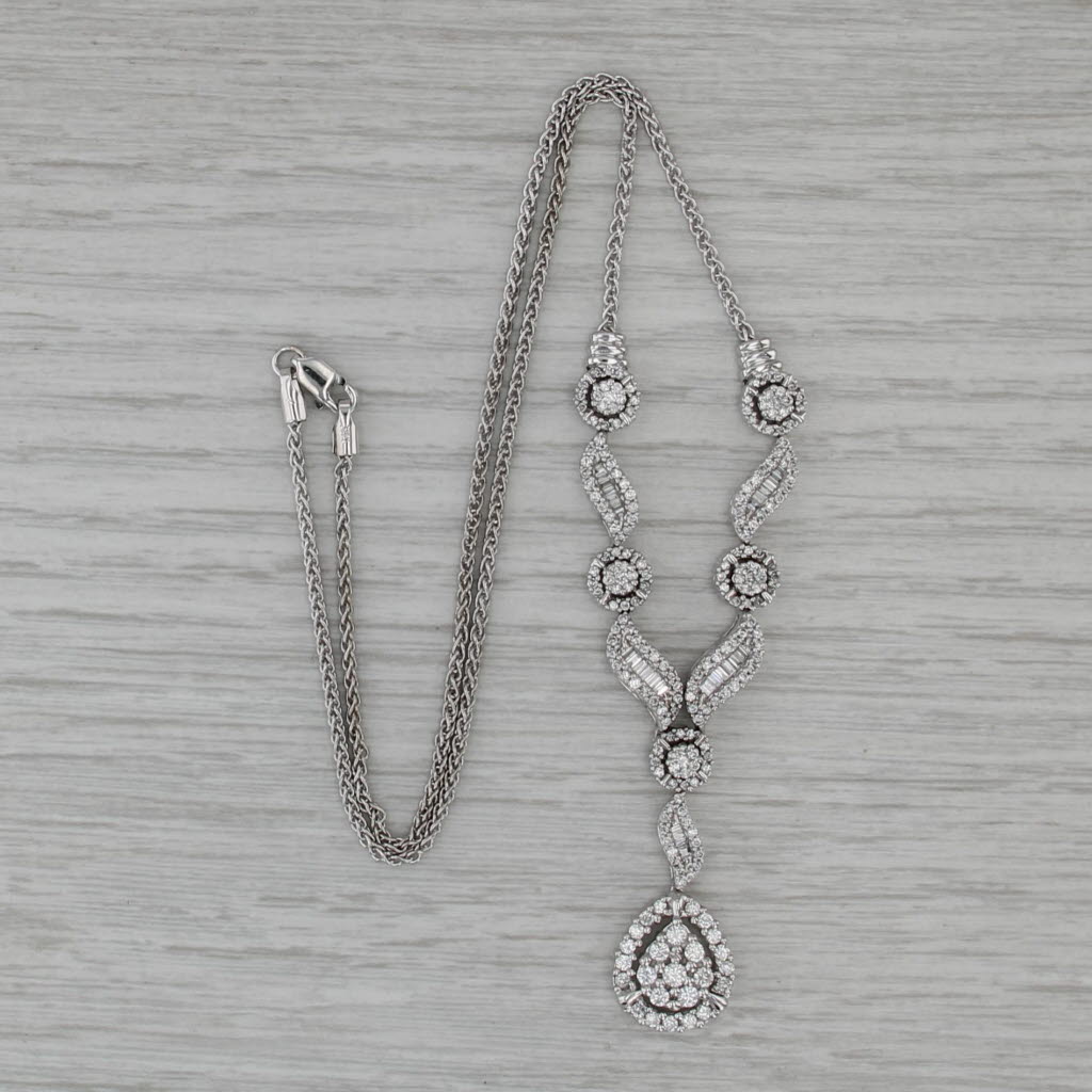 1.96ctw Diamond Teardrop Lavalier Necklace 14k White Gold 17" Wheat Chain