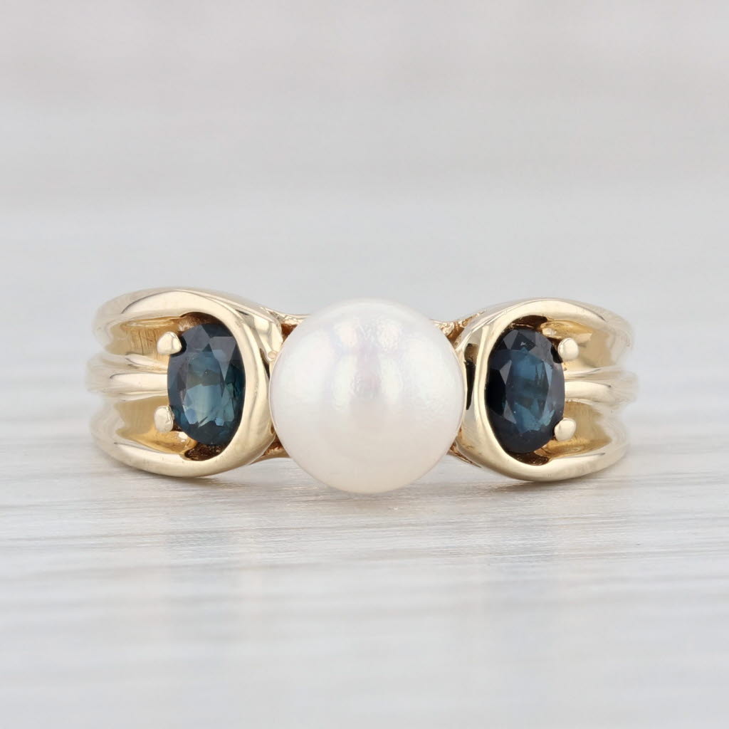 Light Gray Cultured Pearl 0.50ctw Blue Sapphire Ring 14k Yellow Gold Size 6