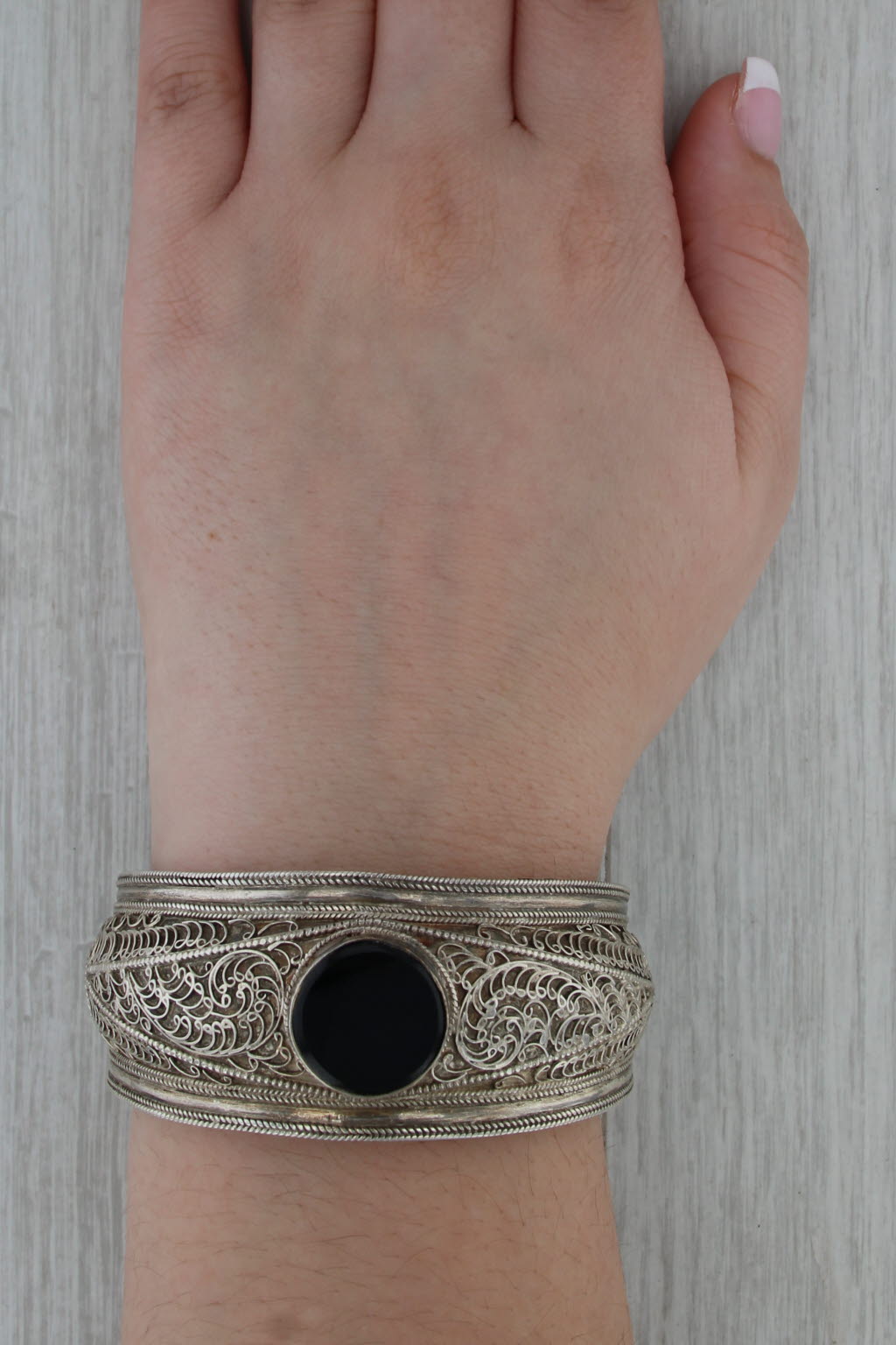 Vintage Onyx Ornate Cuff Bracelet Sterling Silver Statement 7.75"