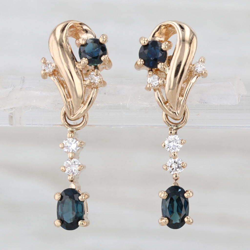1.10ctw Blue Sapphire Diamond Dangle Earrings 14k Yellow Gold Drops