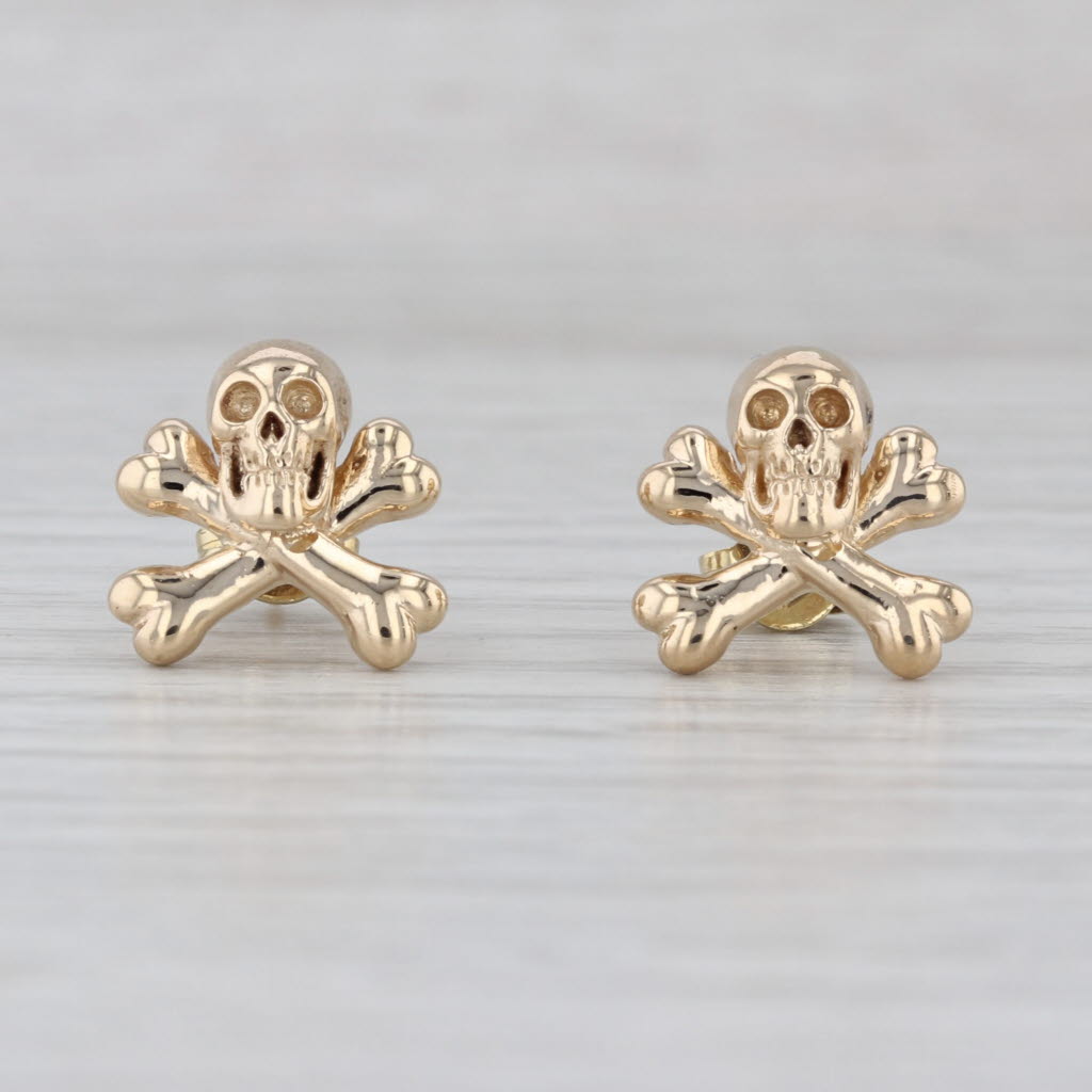 Skull Cross Bones Stud Earrings 14k Yellow Gold Gothic Biker Studs