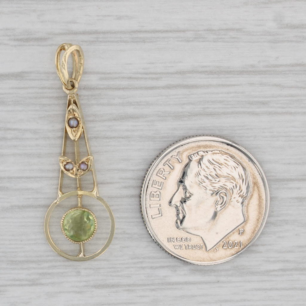 Gray Vintage Lavaliere Pearl Peridot Pendant 14k Yellow Gold