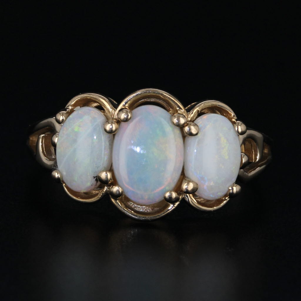 Dark Gray Oval Opal 3-Stone Ring 14k Yellow Gold Size 4.75