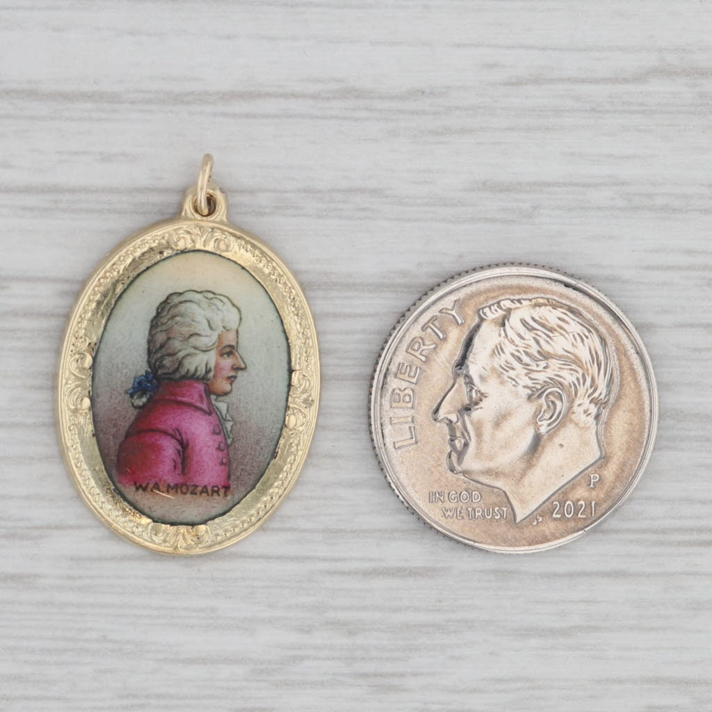 Gray Mozart Portrait Enamel Pendant 14k Yellow Gold Charm European Hallmarks