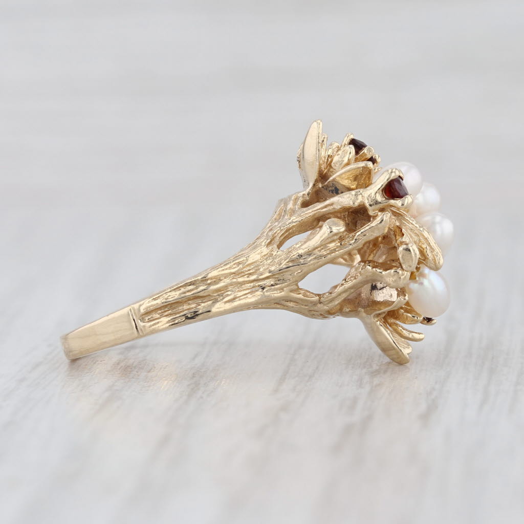 Cultured Pearl Clusters Garnet Flowers Ring 14k Yellow Gold Size 7.5
