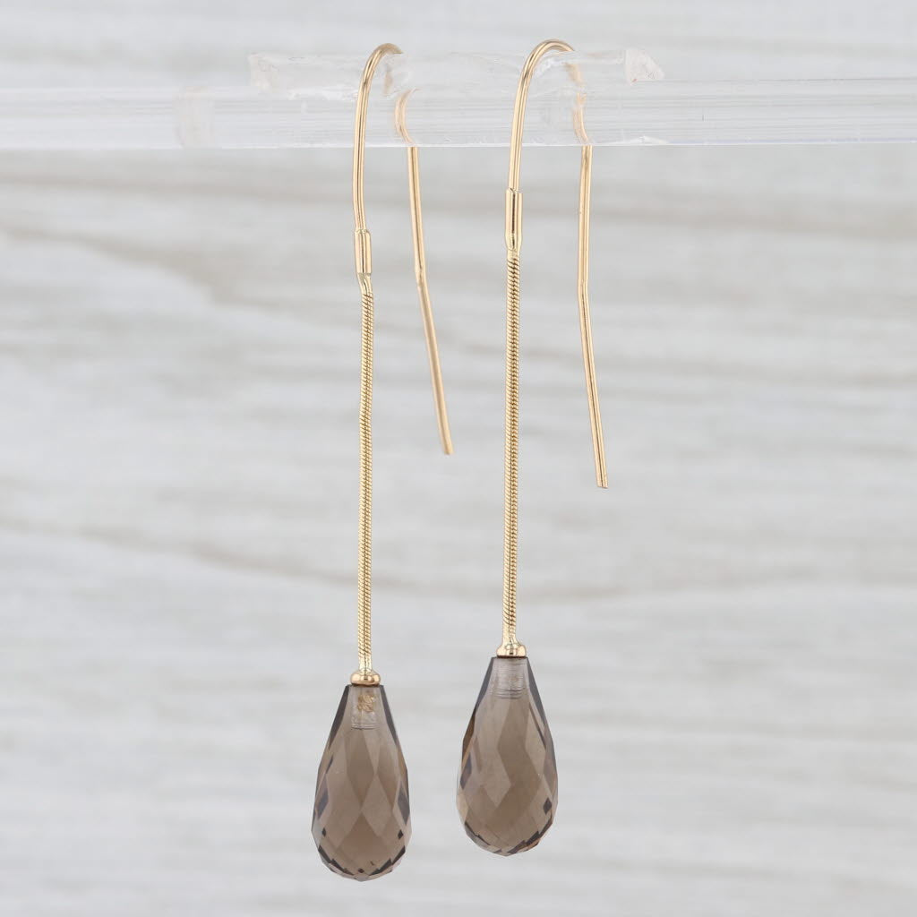 Smokey Quartz Briolette Dangle Teardrop Earrings 14k Yellow Gold Hook Posts
