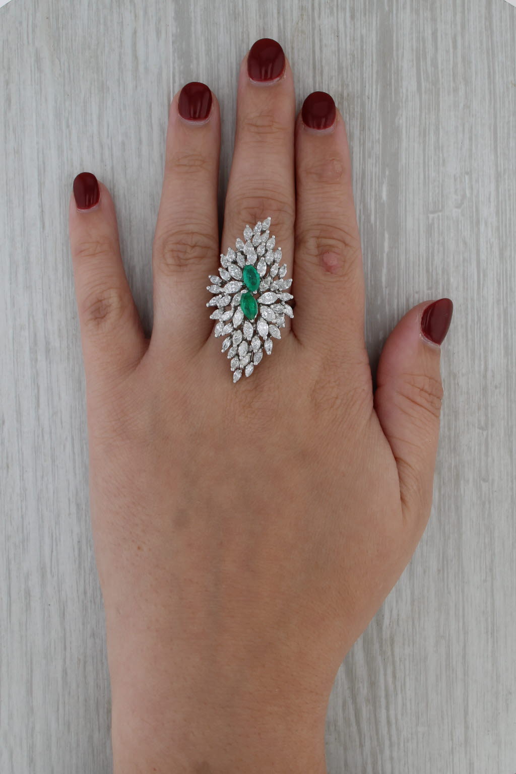 Emerald Diamond Waterfall Cocktail Ring 14k White Gold Size 8.75 GGL Card & Box