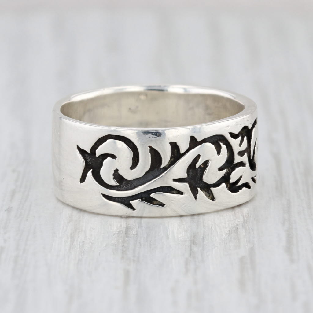 Ornate Floral Etched Band Ring Sterling Silver 10mm Size 10.25