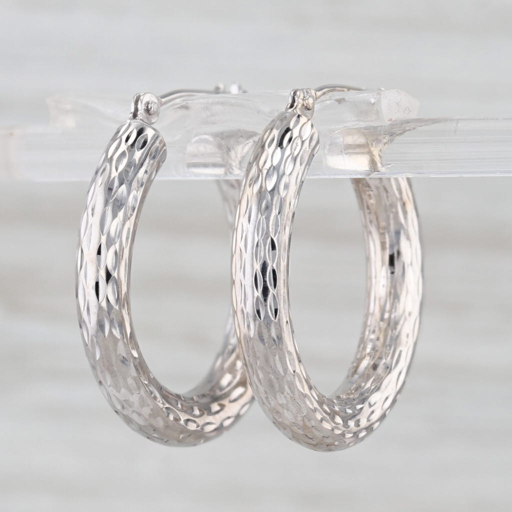 Textured 14k White Gold Hoop Earrings Snap Top Round Hoops