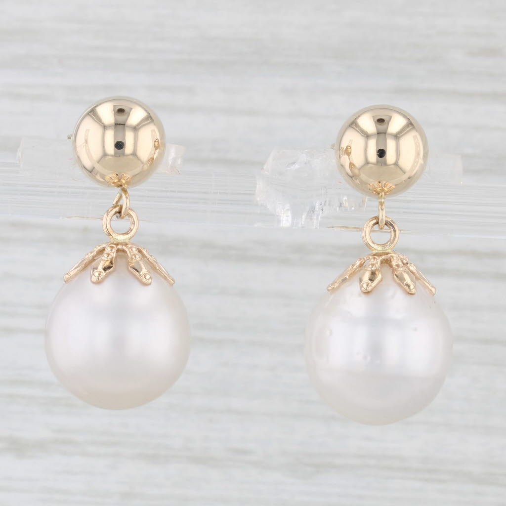 Light Gray Cultured Pearl Bead Drop Earrings 14k Yellow Gold Pierced Dangles