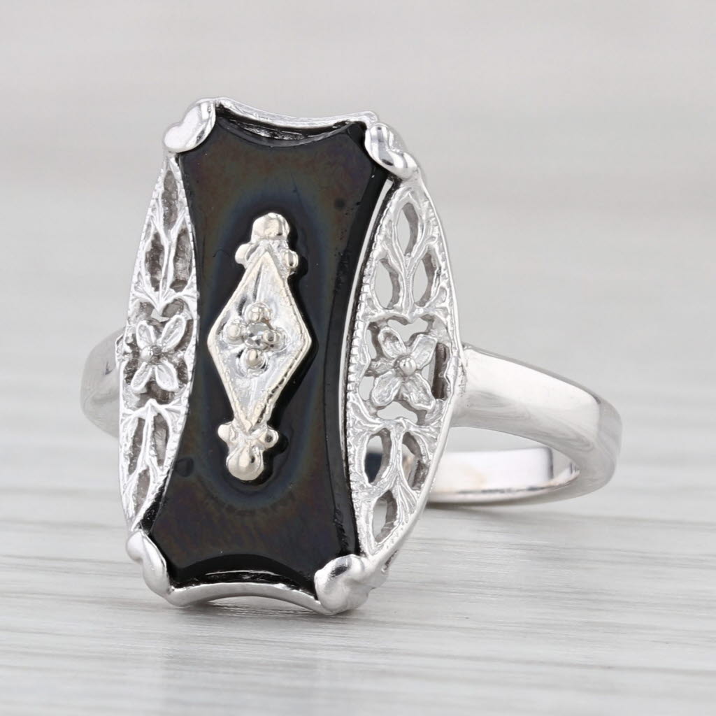 Onyx Diamond Floral Filigree Ring 10k White Gold Size 6 Vintage Signet