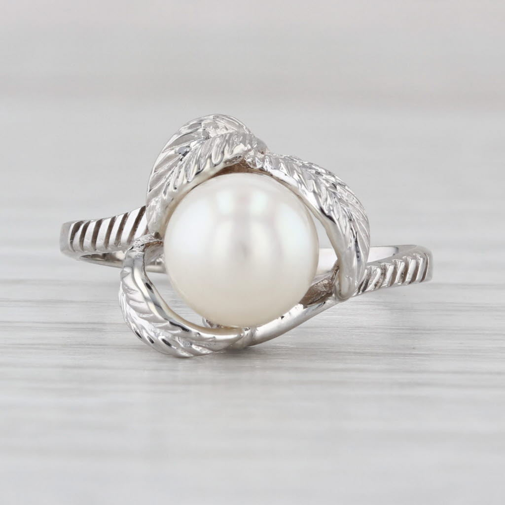 7.5mm Cultured Pearl Solitaire Flower Ring 10k White Gold Size 6.75