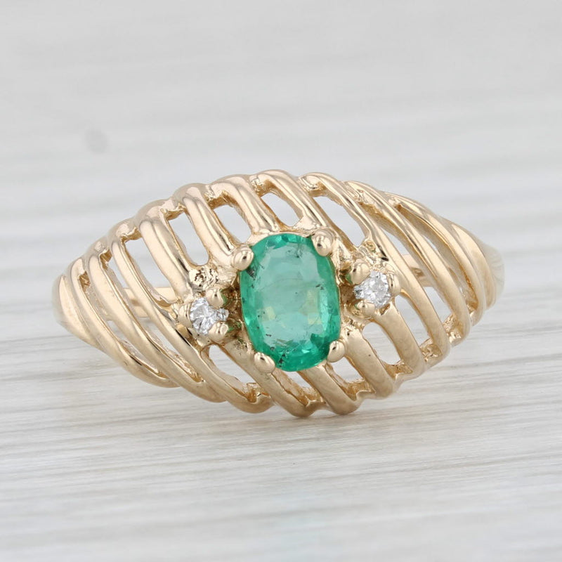 0.53ctw Oval Emerald Diamond Ring 14k Yellow Gold Size 7.5 Scalloped Pattern