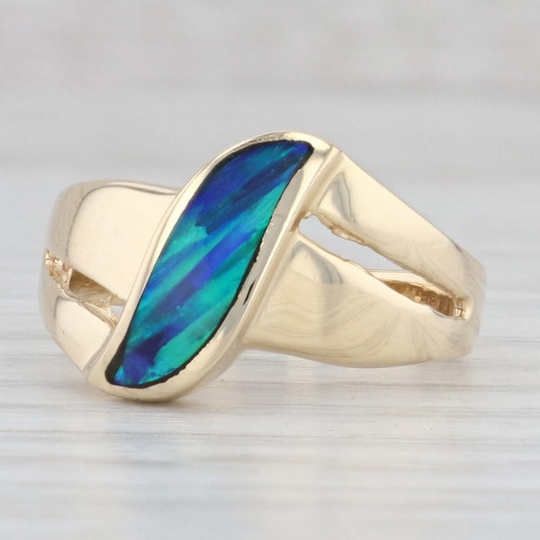 Light Gray Lab Created Blue Opal Ring 14k Yellow Gold Size 8.75 Bypass