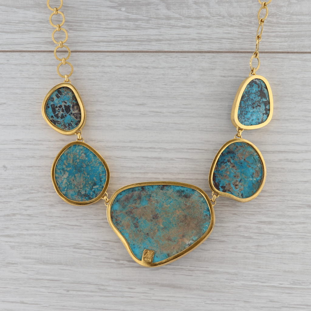New Nina Wynn Turquoise Statement Necklace Sterling Gold Vermeil 20"