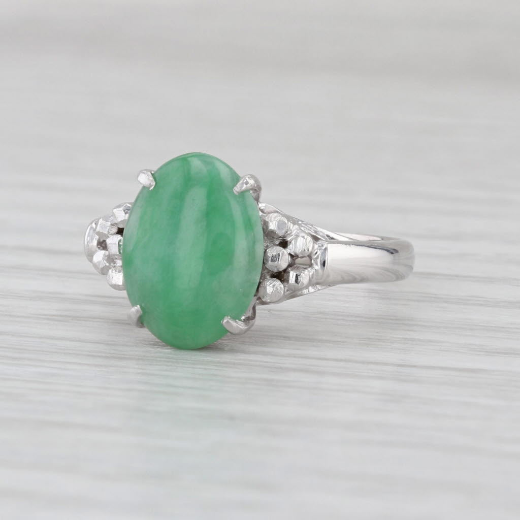 Green Jadite Jadeite Jade Ring 14k White Gold Oval Cabochon Solitaire Size 7.5