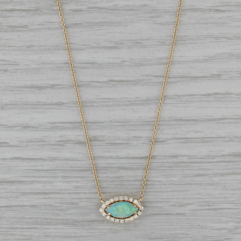 New Opal Diamond Halo Pendant Necklace 14k Yellow Gold 16" 18" Cable Chain