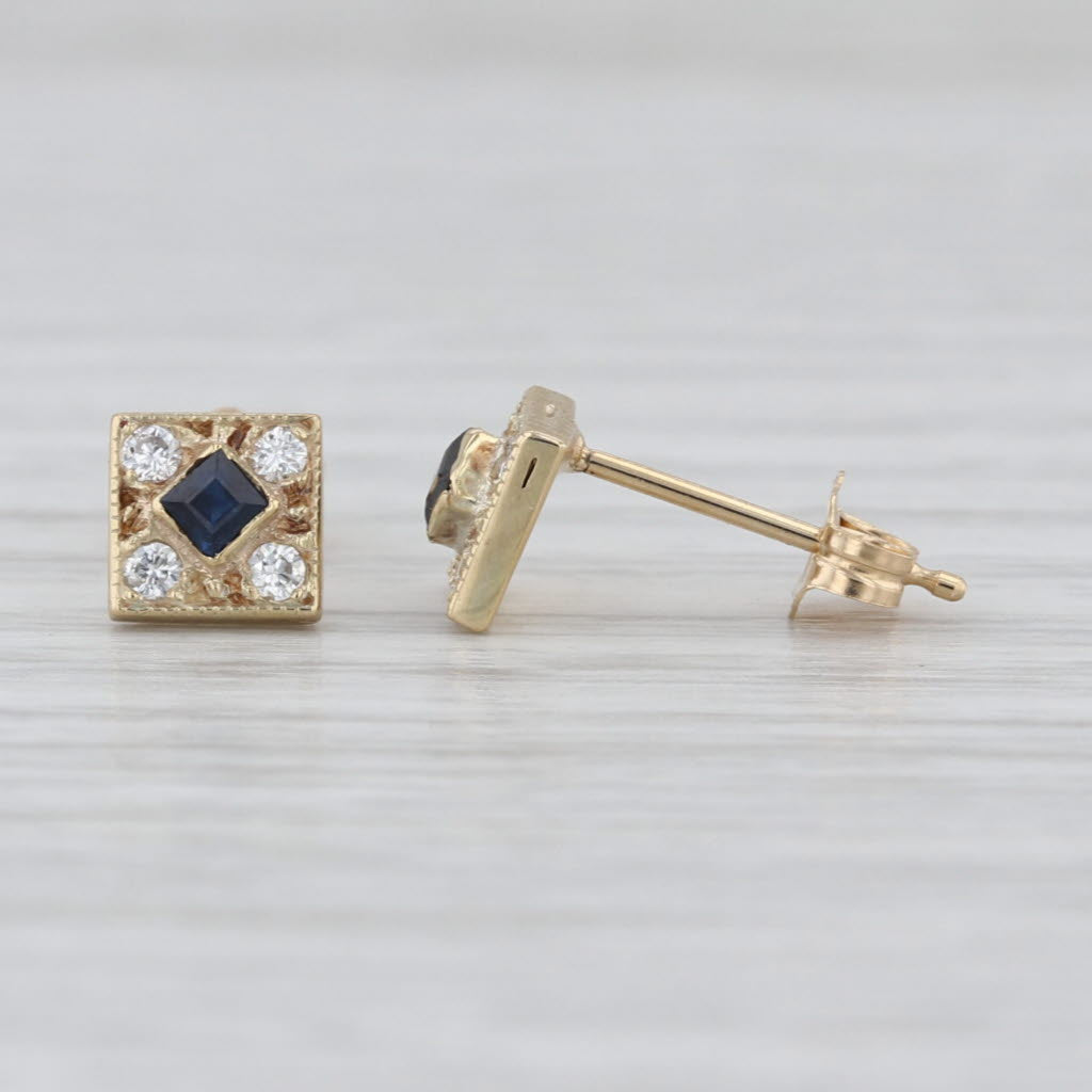0.22ctw Blue Sapphire Diamond Stud Earrings 14k Yellow Gold Small Square Studs