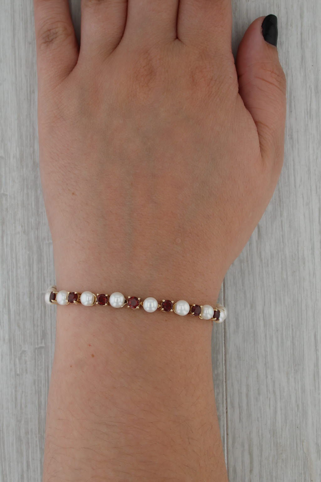 Cultured Pearl 5.30ctw Garnet Tennis Bracelet 14k Yellow Gold 7" 5.3mm