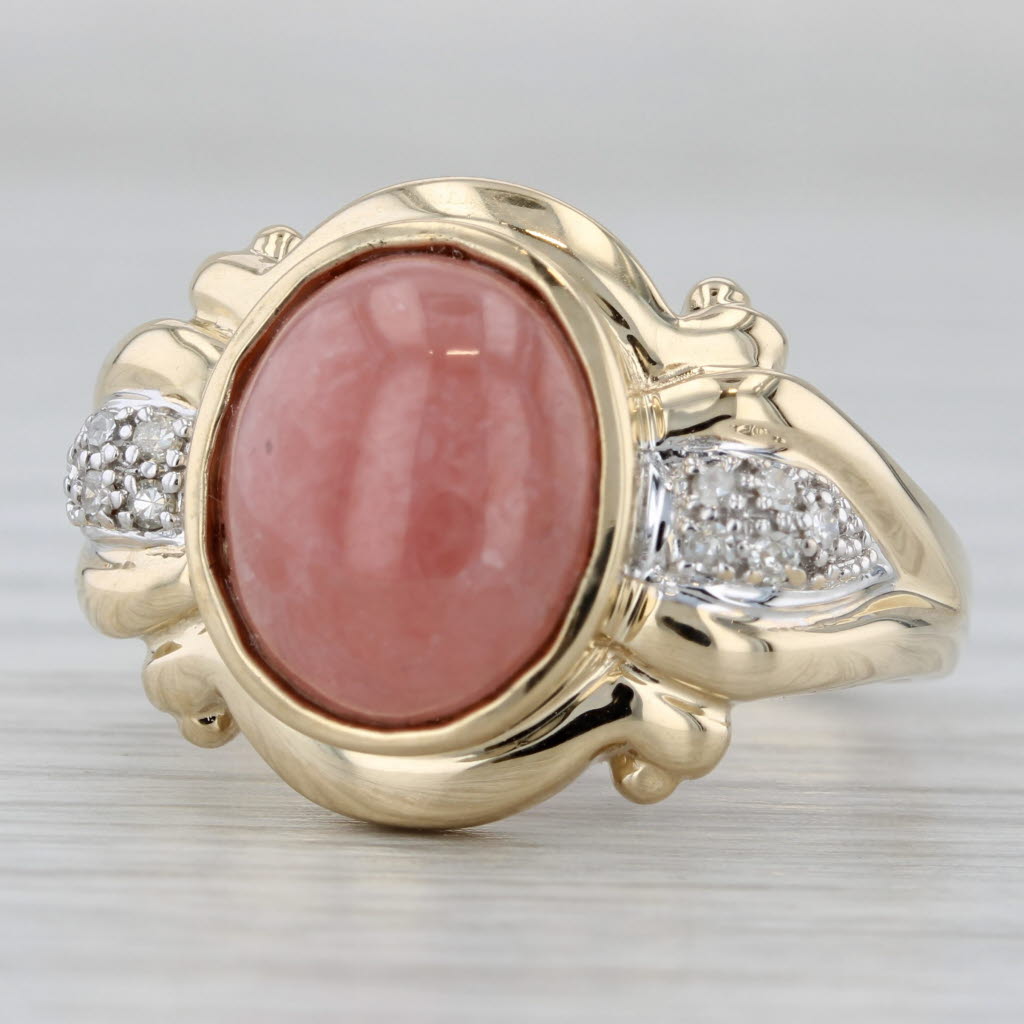 Gray Red Rhodochrosite Cabochon Diamond Ring 14k Yellow Gold Size 9.25