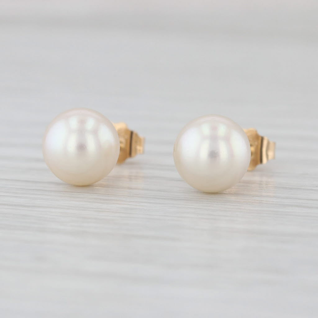 Cultured Pearl Stud Earrings 14k Yellow Gold 7.4mm Round Solitaire Studs