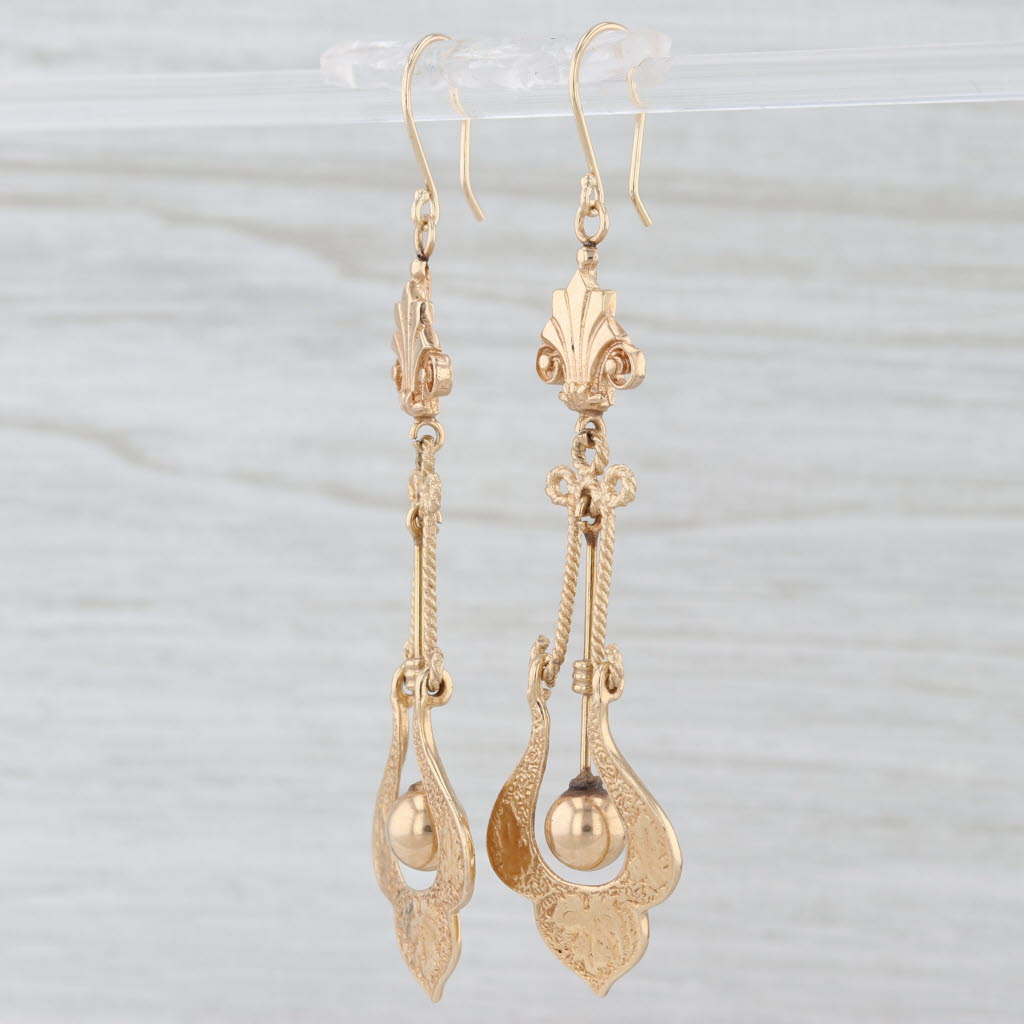 Ornate Floral Antique Dangle Earrings 14k Yellow Gold New Hook Posts