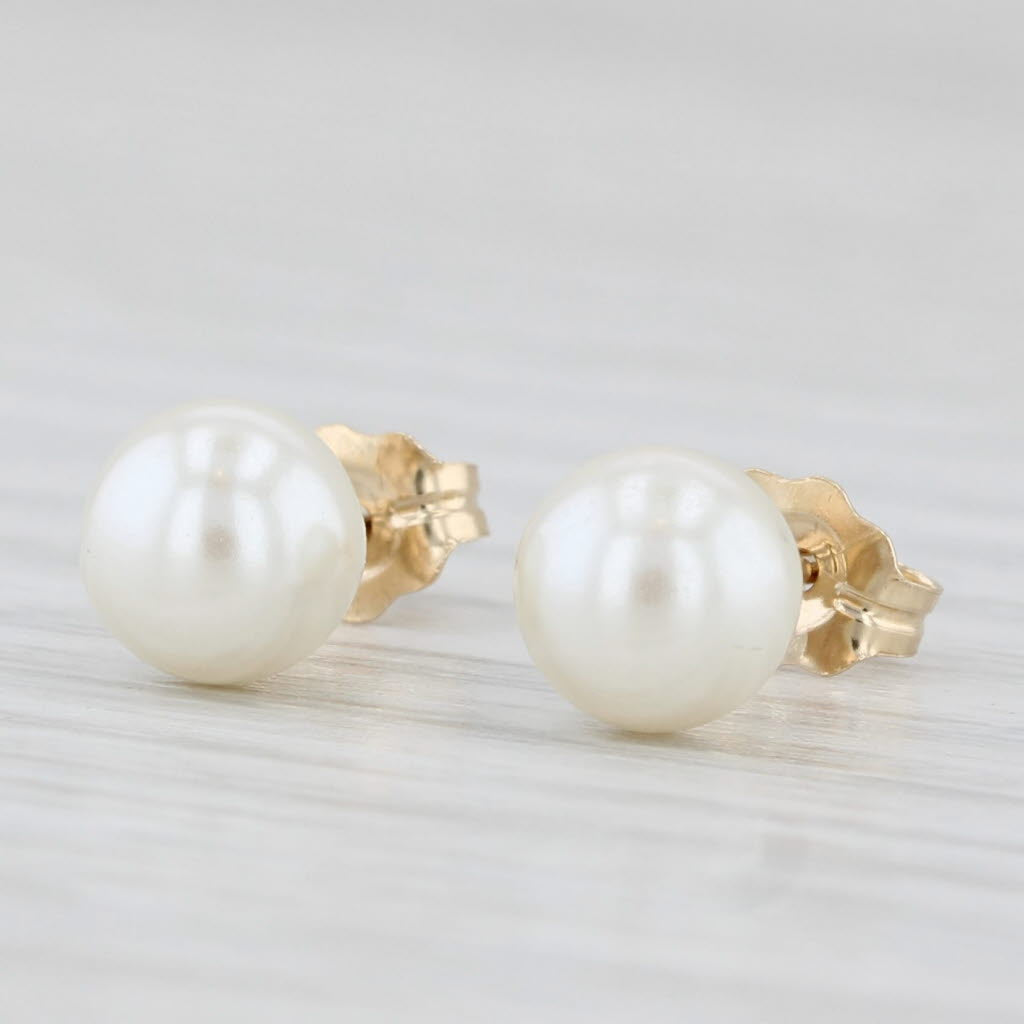 Light Gray Cultured Pearl Bead Solitaire Stud Earrings 14k Yellow Gold