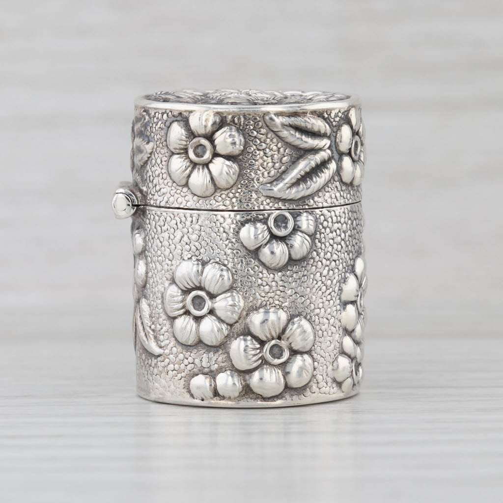 Sterling Silver Snuff / Pill Box Engravable Vintage Raised Floral Pattern Opens