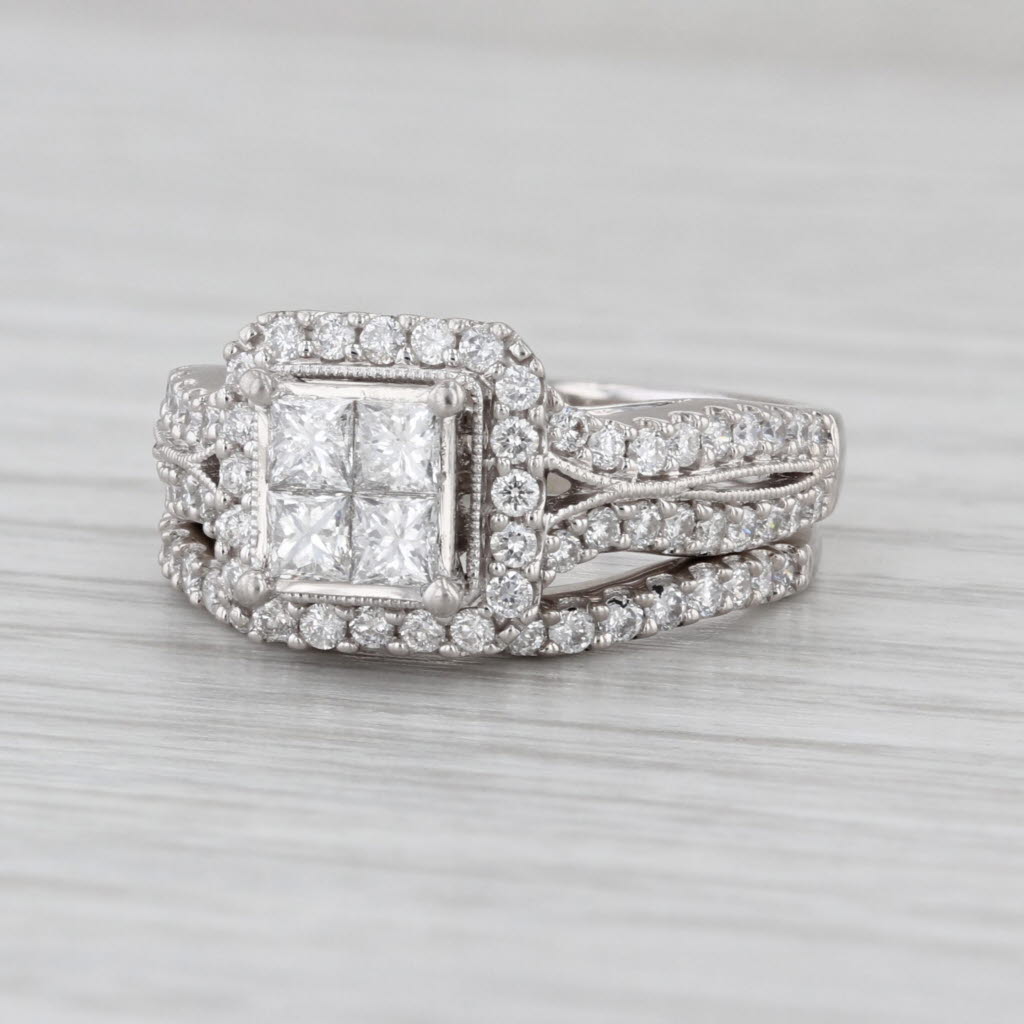 1.41ctw Diamond Halo Engagement Ring Wedding Band Bridal Set 14k White Gold Sz 7