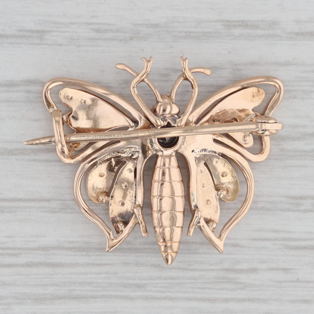 Gray Vintage Pearl Diamond Butterfly Brooch 14k Yellow Gold Pin Insect Jewelry