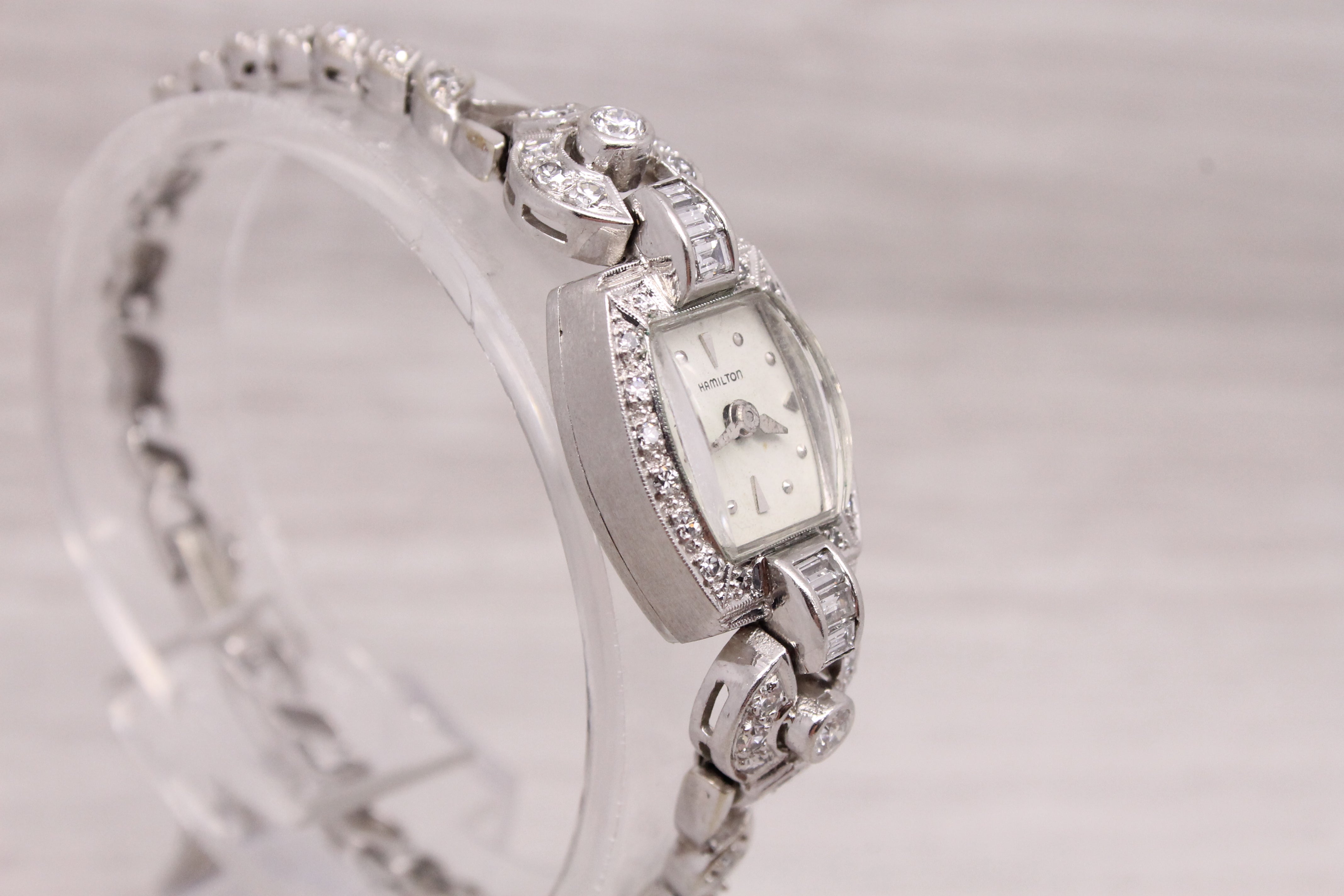 Gray Vintage c.1950's Hamilton Ladies 14k & Platinum Diamond Watch 1.19ctw SERVICED