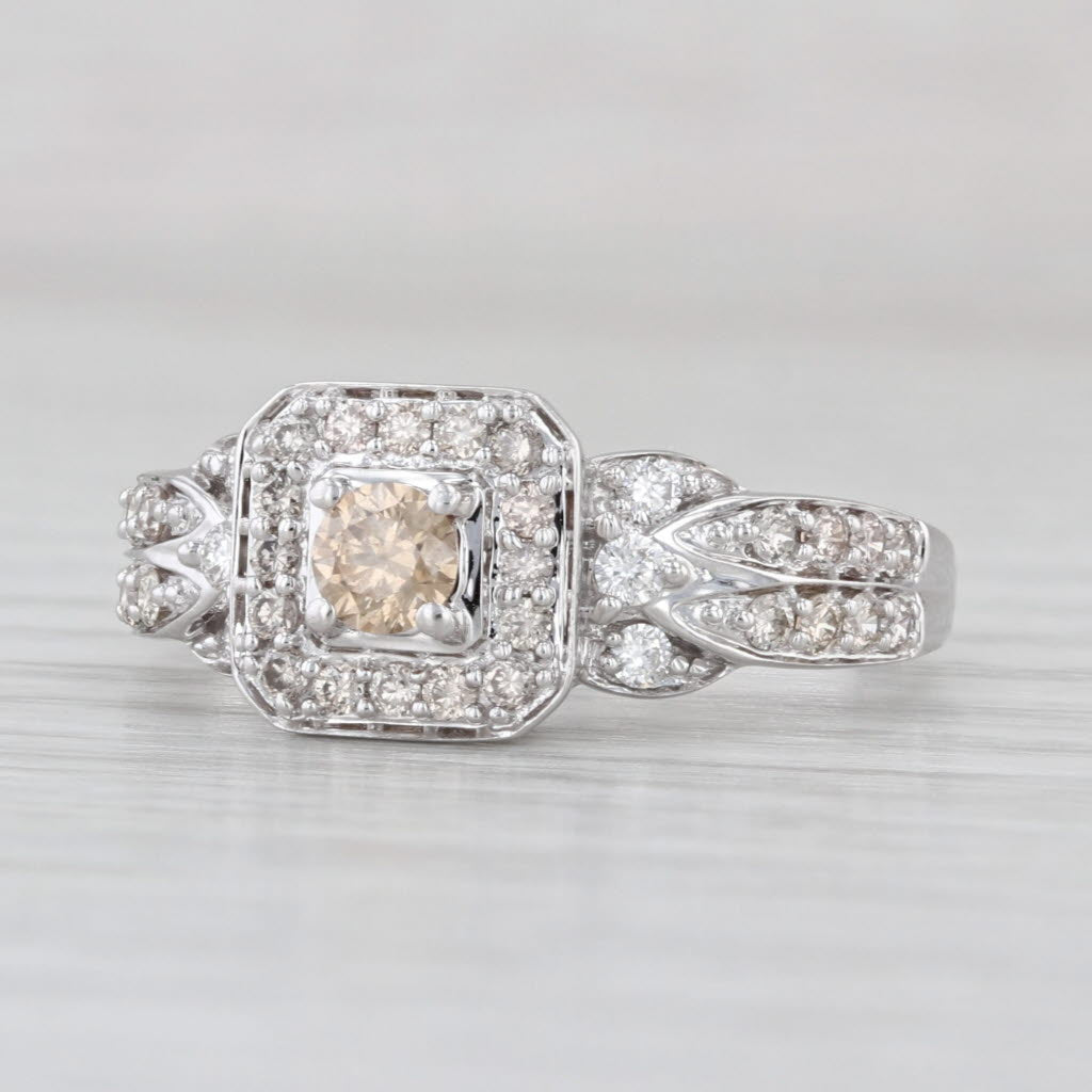 Champagne White Diamond Halo Engagement Ring 14k White Gold Size 9.25