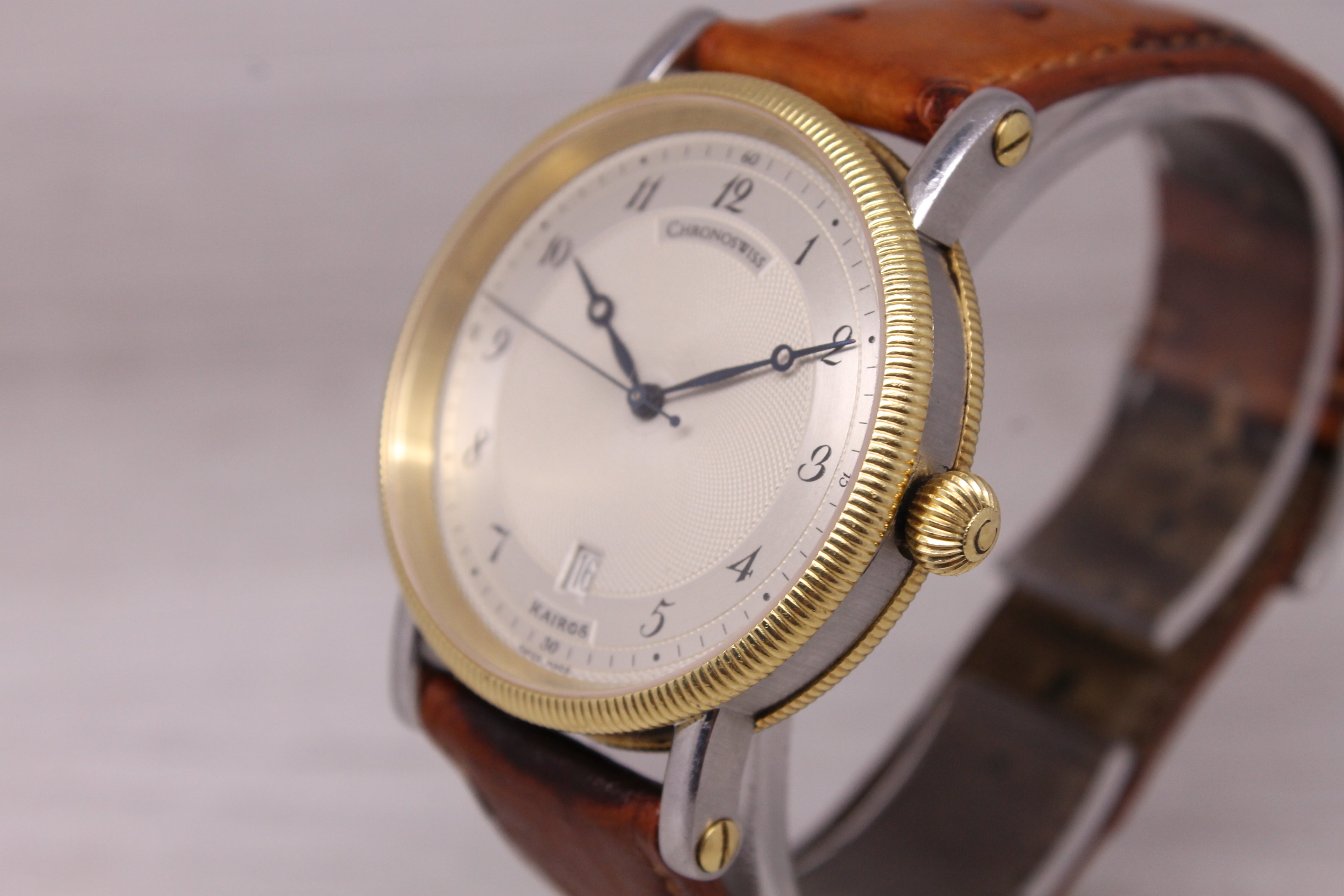 Chronoswiss Kairos Mens 38mm Automatic Watch CH2822 Silver Dial Gold Swiss Date