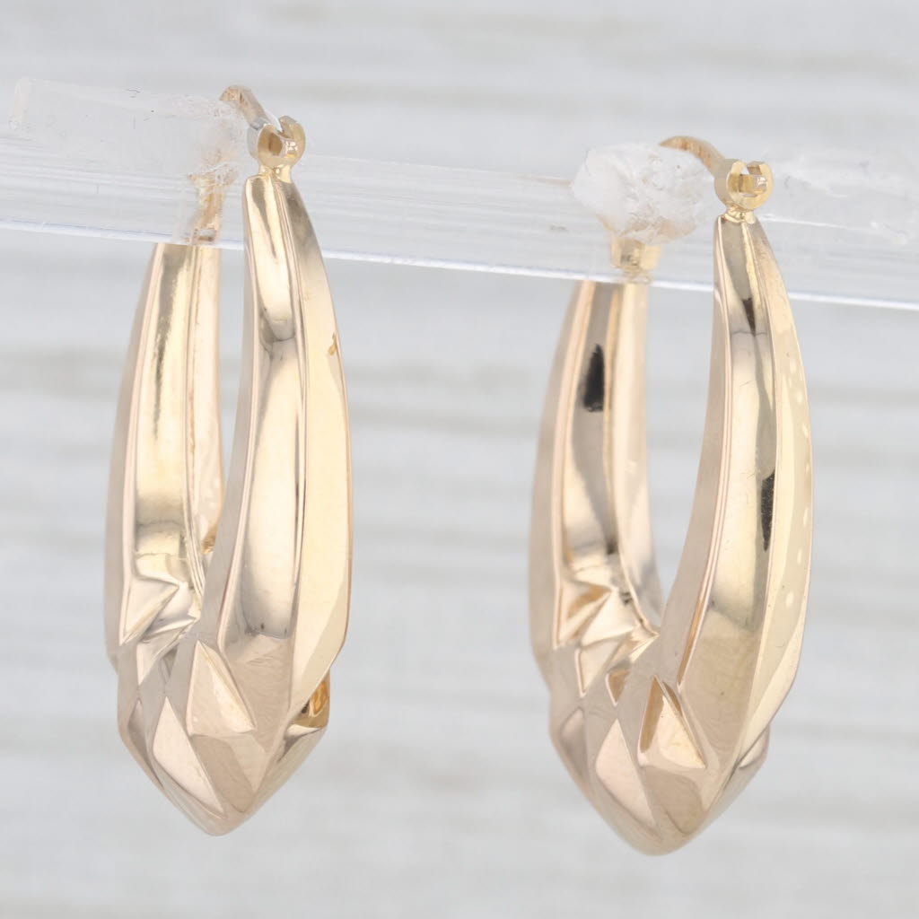 Light Gray Beveled Oval Hoop Earrings 14k Yellow Gold Snap Top Hoops