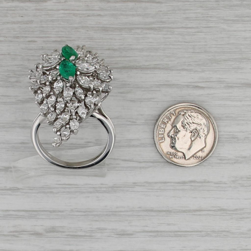 Emerald Diamond Waterfall Cocktail Ring 14k White Gold Size 8.75 GGL Card & Box