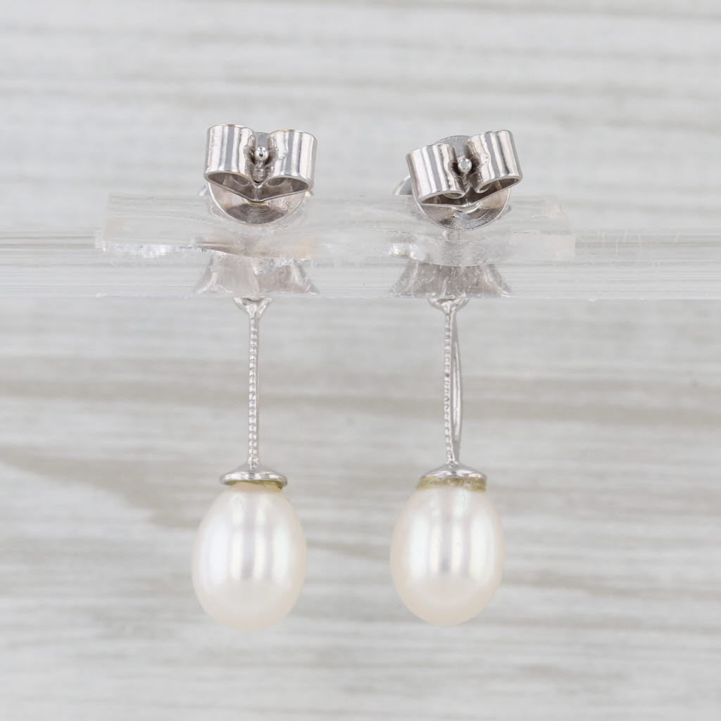 Cultured Pearl Heart Drop Earrings 14k White Gold Pieced Dangles