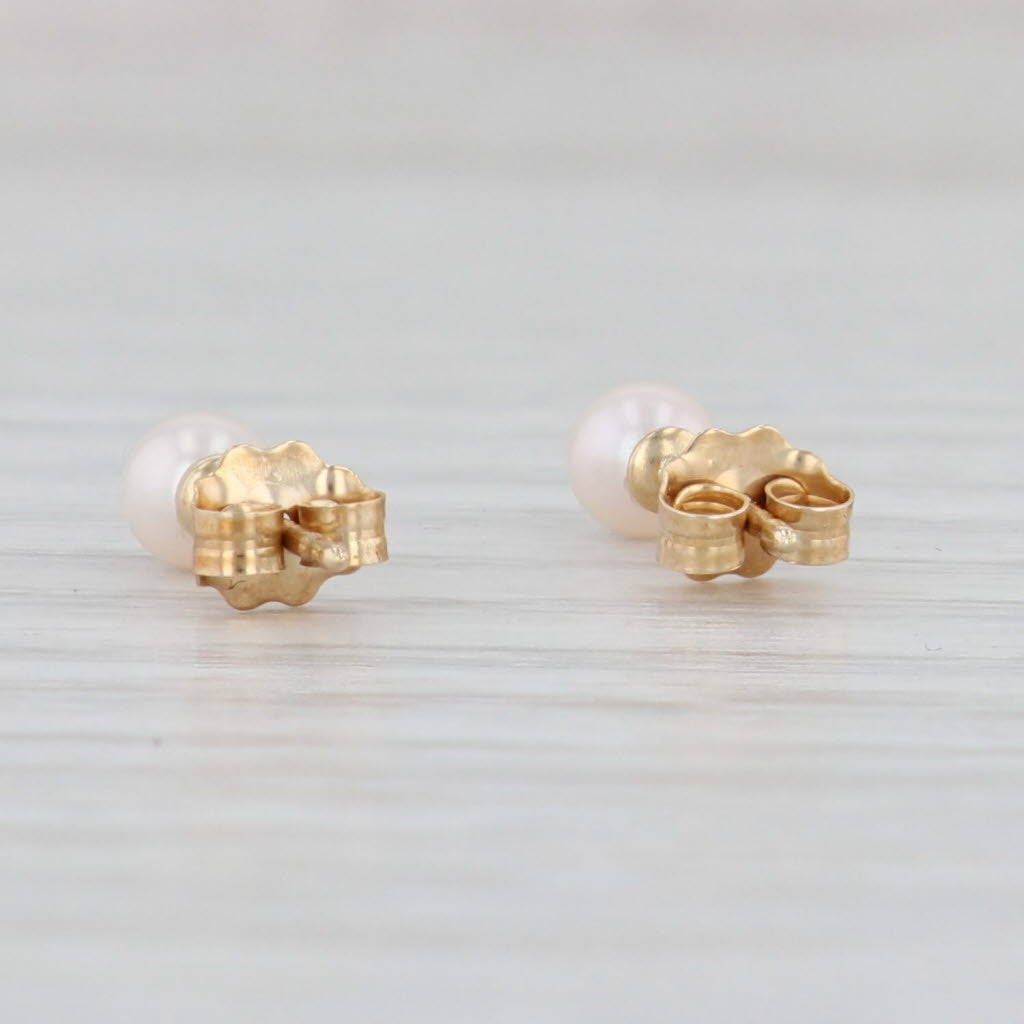 Light Gray New Cultured Pearl Stud Earrings 14k Yellow Gold 4.2mm Round Bead Solitaires